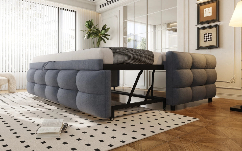 Letto imbottito estraibile 90/180x190 cm in teddy grigio con rete a doghe
