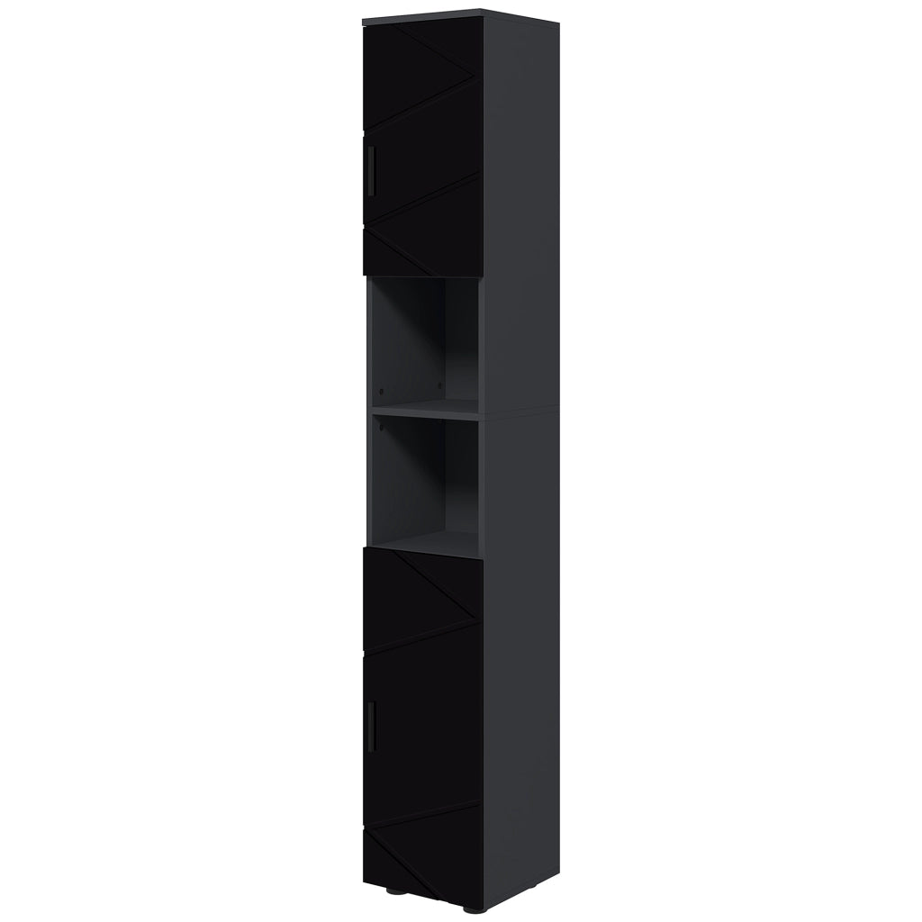 Colonna Bagno in Truciolato con 2 Ripiani Aperti e 2 Armadietti a 2 Livelli, 30x30x183 cm, Nero e Grigio