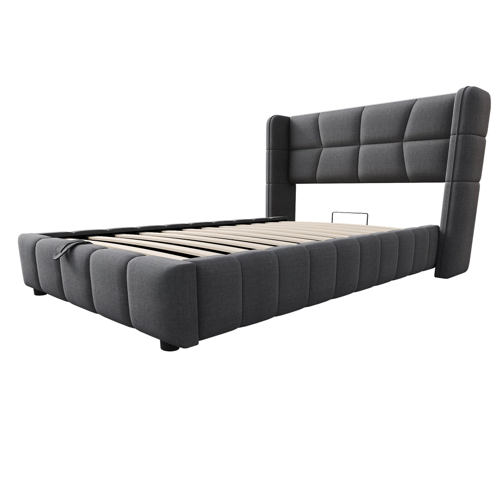Letto singolo imbottito ULEVR 90x200 cm con contenitore sollevabile e testiera laterale ampia, grigio