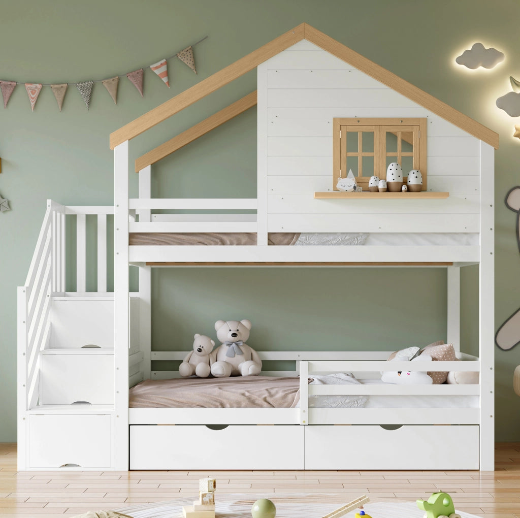 Letto a castello in legno con scale contenitore e cassetti