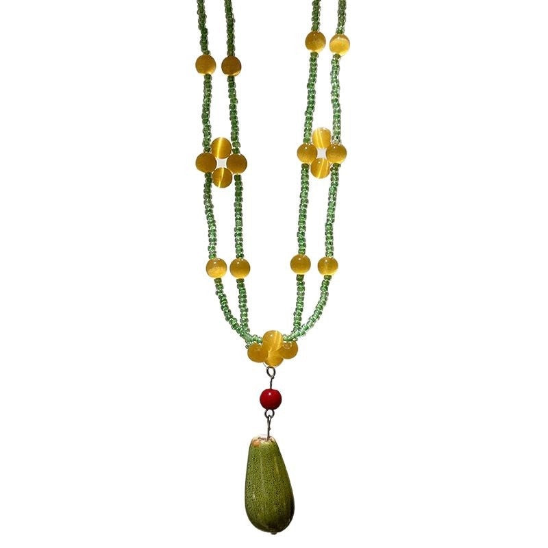 Collana vintage con perline a goccia in ceramica verde