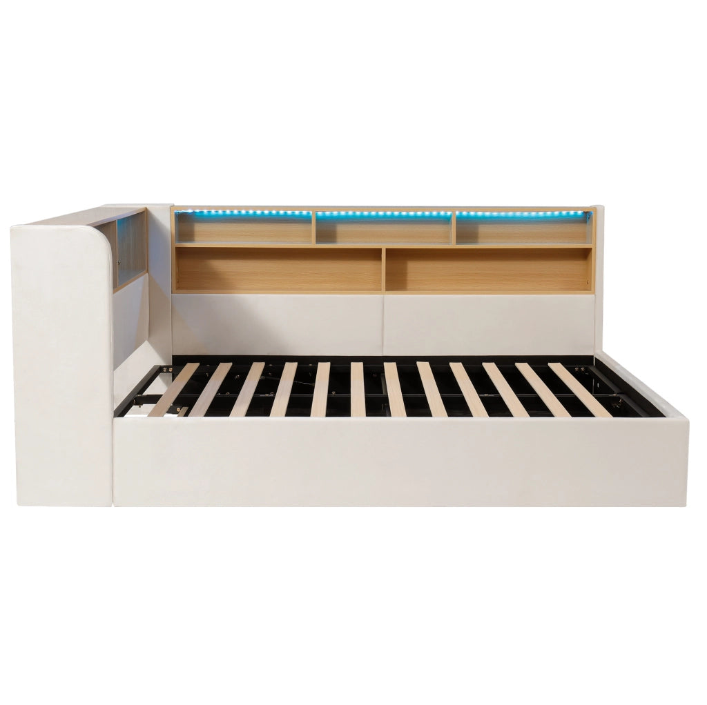 Letto imbottito 140x200 cm con contenitore idraulico; LED e USB-C in velluto beige