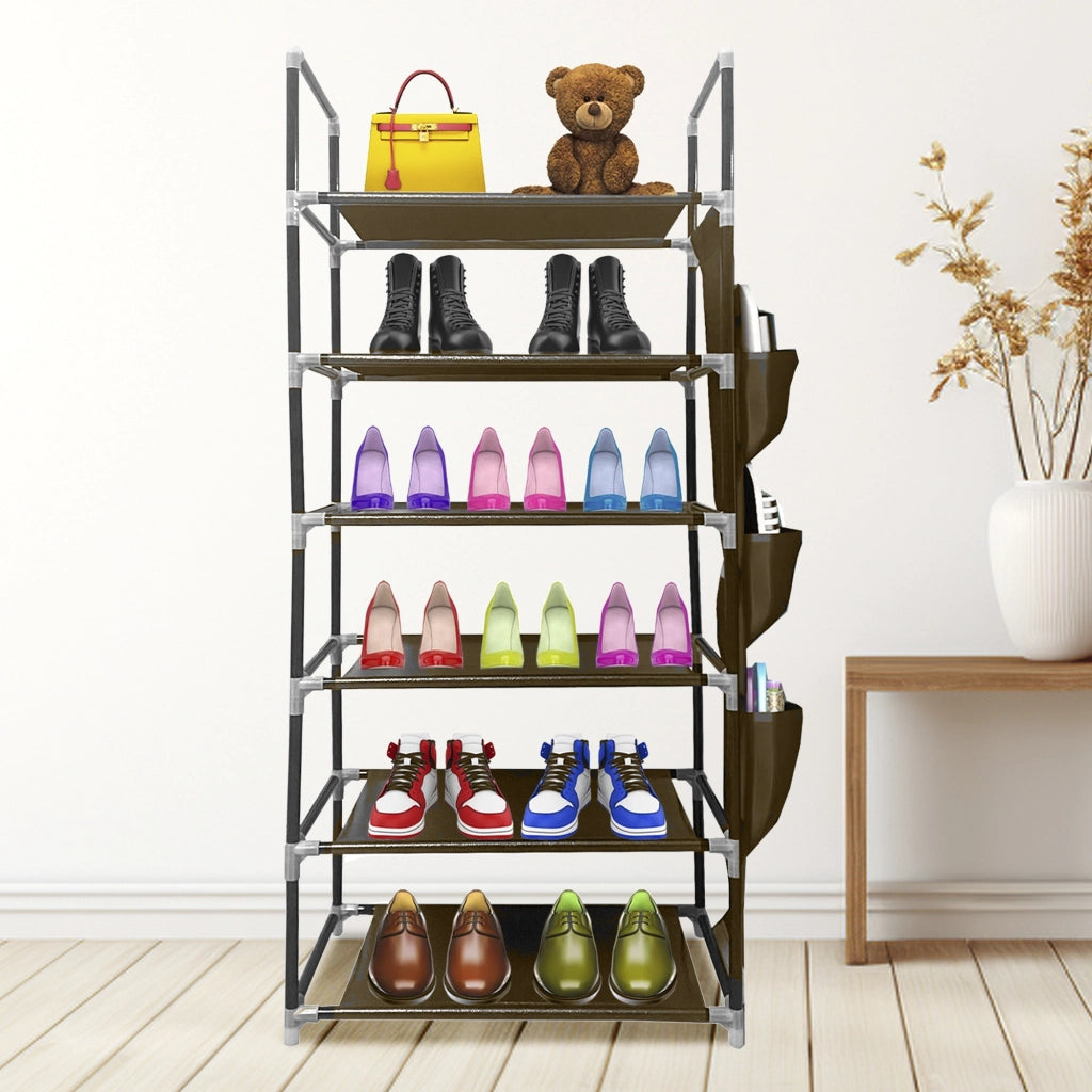 Scarpiera in tessuto, 6 ripiani, 18 paia | Appendino laterale con 3 tasche | Realizzata in PVC e tessuto non tessuto | Organizzatore per scarpe | 46x27x108 cm