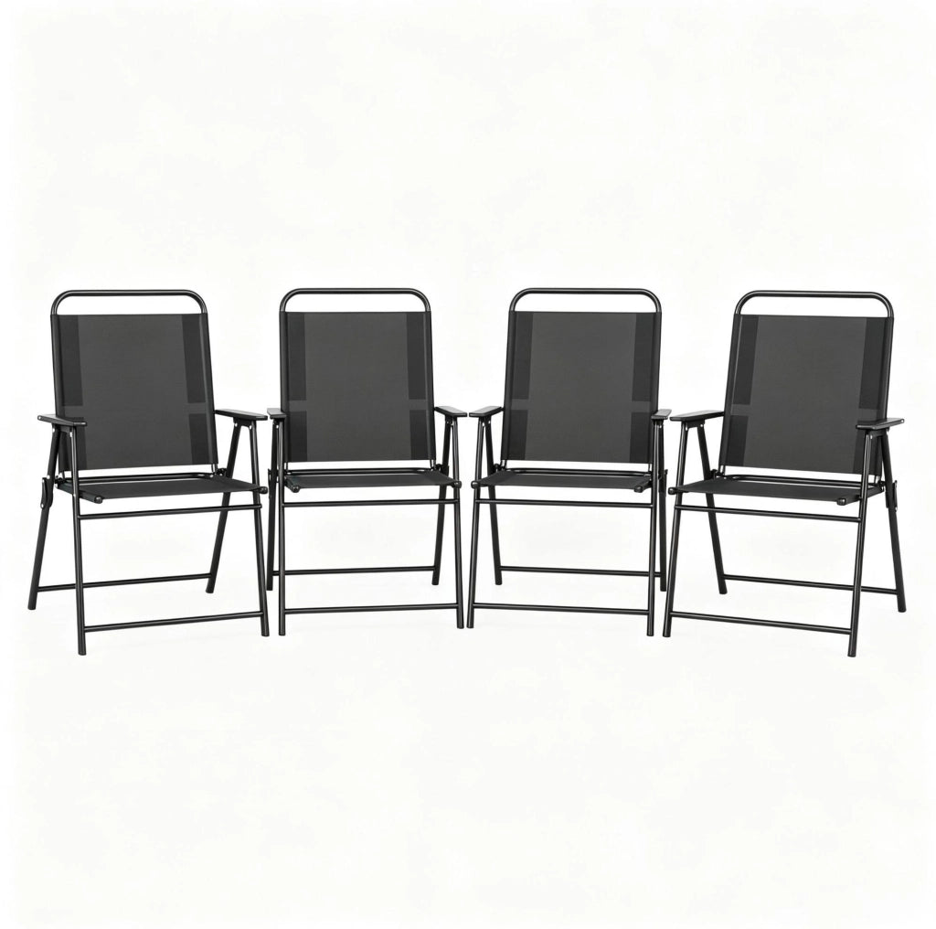 Set 4 sedie da giardino pieghevoli in acciaio e textilene nere; 65x60x94 cm