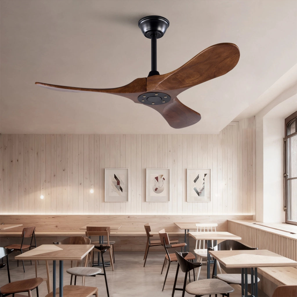 Ventilatore da soffitto 42 pollici, 3 pale legno, design ad elica, funzione memoria, telecomando, finitura noce, per terrazze e soggiorni