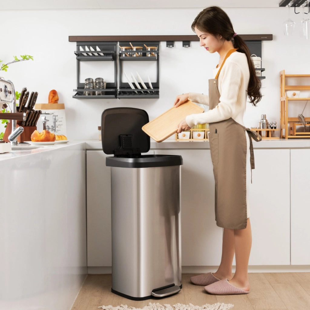 Cestino dell'immondizia in acciaio inox con coperchio con chiusura automatica, Bidone della spazzatura 68L Argento-Organizzazione della cucina