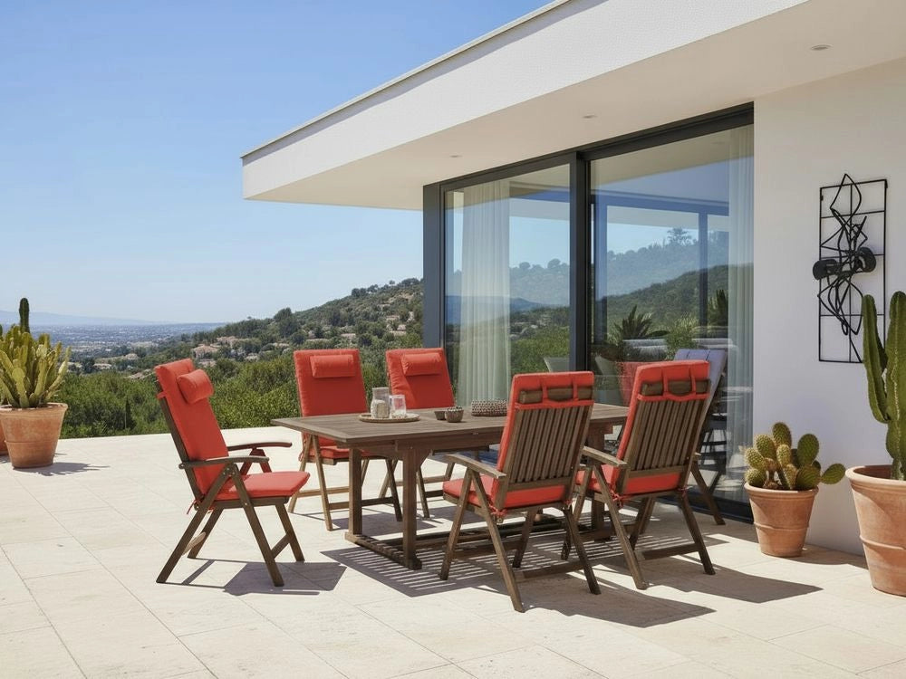 Set da giardino con 6 sedie in legno di acacia marrone scuro con cuscini rosso in stile rustico con cuscini
