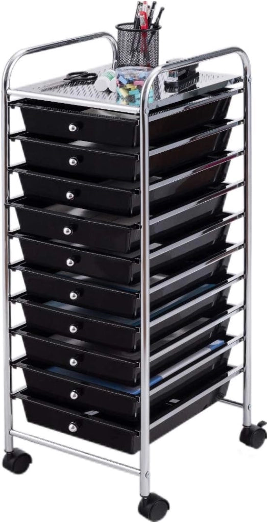 Carrello Portaoggetti con 10 Cassetti Impilabili, Struttura in Metallo e Ruote Bloccabili, Organizer Multiuso per Cucina e Ufficio