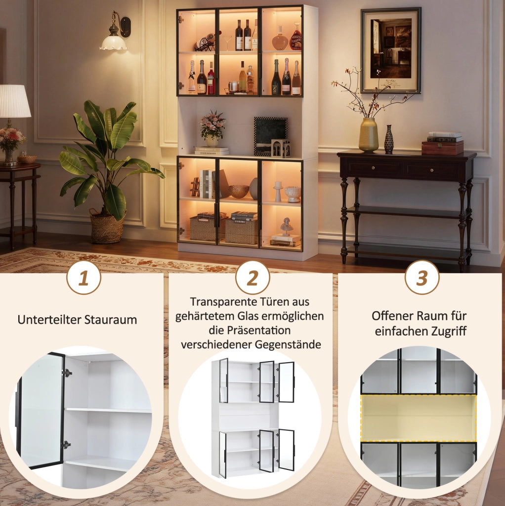 Vetrina alta 120 x 34 x 200 cm con 6 ante; LED controllabile da app; MDF e vetro bianco