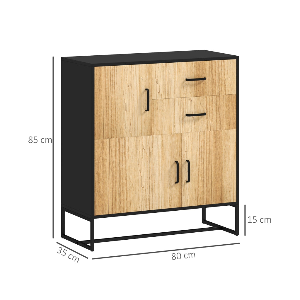 Credenza Moderna Portaoggetti con 3 Armadietti e 2 Cassetti, Mobiletto Multiuso in Truciolato e Acciaio, 80x35x85 cm, Nero e Color Legno
