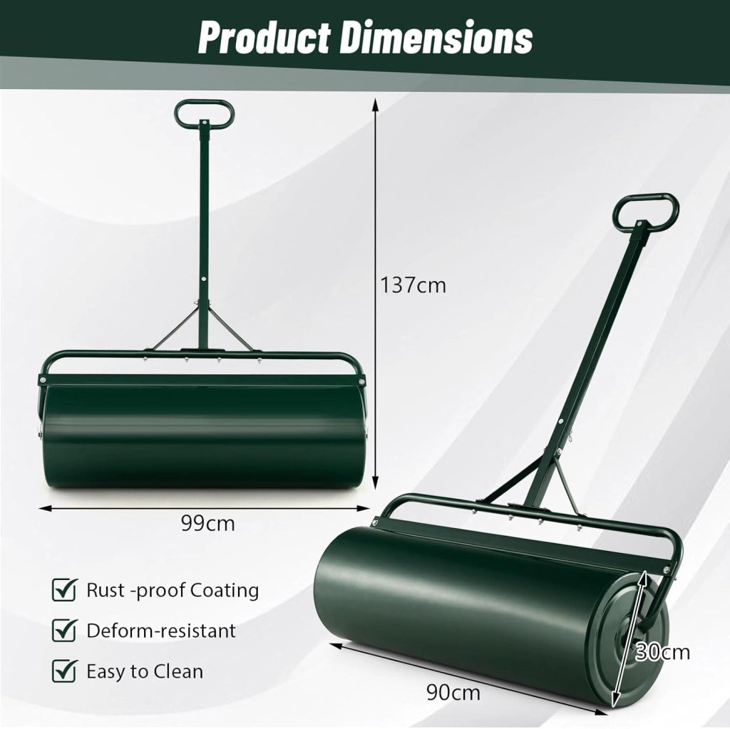 Rullo da Giardino Ø30 cm e 90 di Larghezza, Rullo da Prato in Metallo Manuale e per Trattorino, Rullo con Raschiatore Antisporco e Riempibile con Acqua/Sabbia (Verde, 63L)