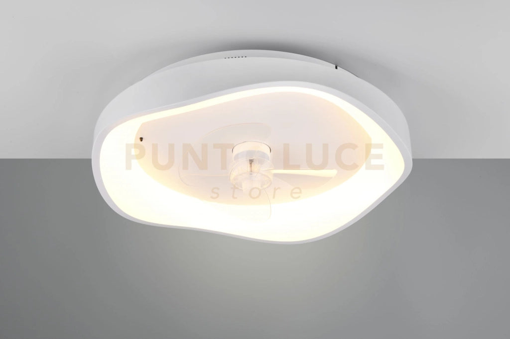 VALBO PLAFONIERA LED FORMA ORGANICA BIANCA CON VENTILATORE CON VENTOLA CON FUNZIONE INVERSIONE ROTAZIONE X FUNZIONE INVERNALE CON TELECOMANDO MULTIFUNZIONE REGOLAZIONE INTENSITA' E TIMER CON MOTORE DC D.50CM
