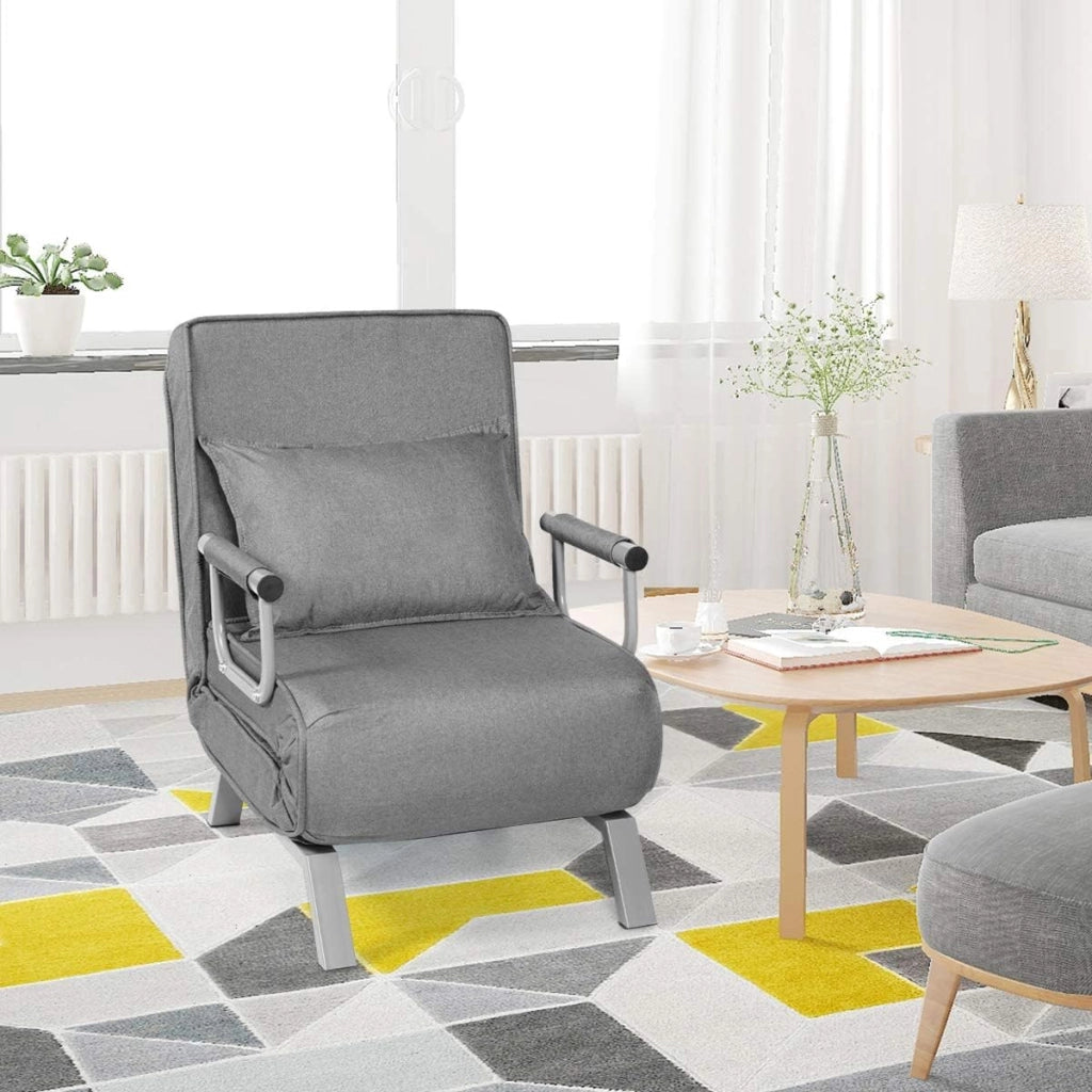 2 in 1 Poltrona Letto Pieghevole, Schienale Regolabile a 5 Livelli, con Braccioli e Cuscinetto, Chaise Longue Soggiorno, Telaio in Metallo, Carico di 150 kg, 59x78,5x83 cm, 5 Colori