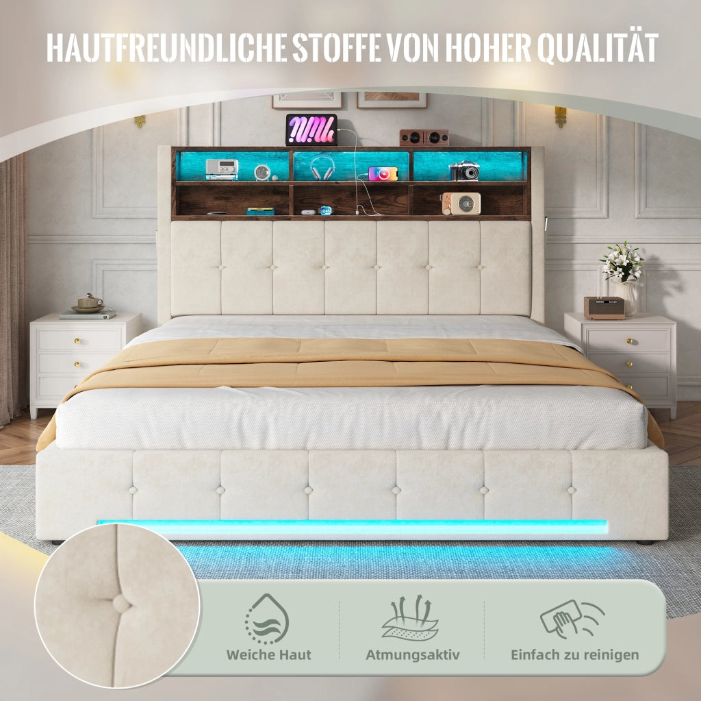 Letto contenitore 180x200 cm in velluto beige con LED e USB-C
