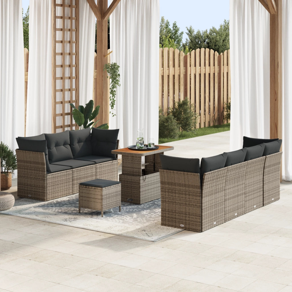 Set di Divani da Giardino di 10 Pezzi con Cuscini in Polyrattan Grigio e Acacia