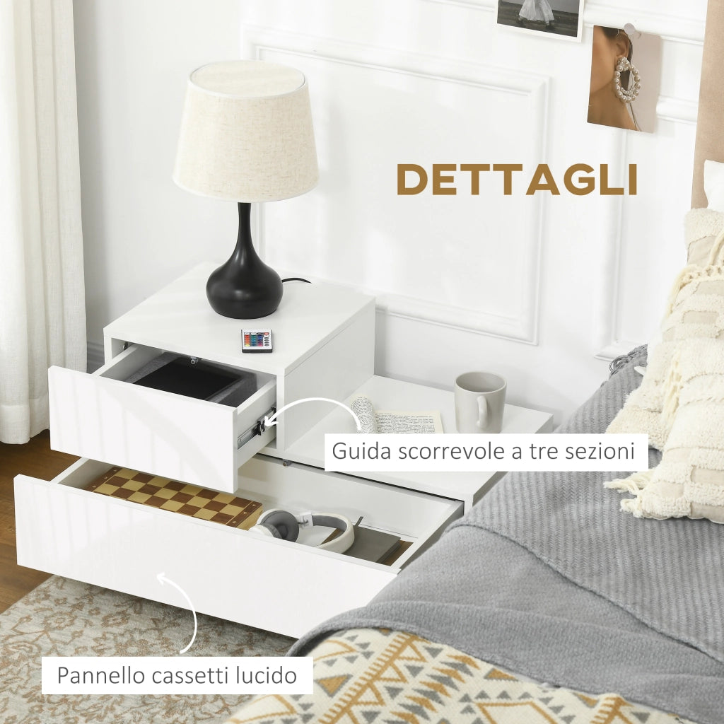 Easycomfort Comodino Moderno con 16 Luci LED RGB, Telecomando e Due Cassetti in Truciolato, 70x37x38cm, Bianco
