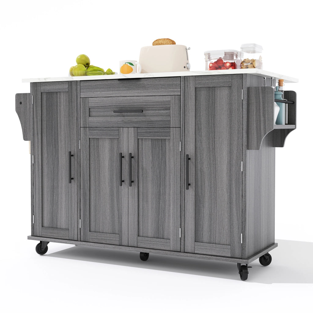 Isola da Cucina Mobile 136x45/70x92 cm Grigia e Legno con Piano Ribaltabile, Cassetti e 5 Ruote