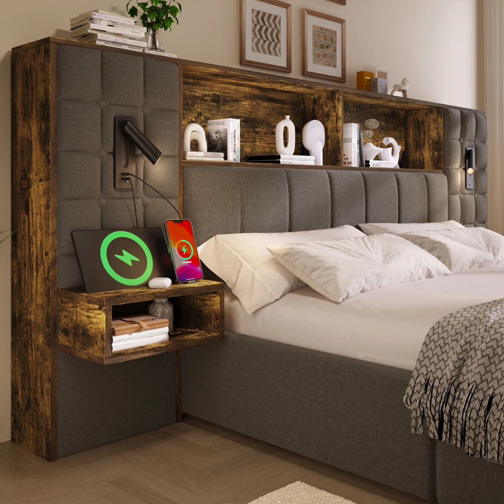 Letto contenitore 180 × 200 cm con LED, 2 lampade da lettura, USB Type-C, 2 comodini, senza materasso