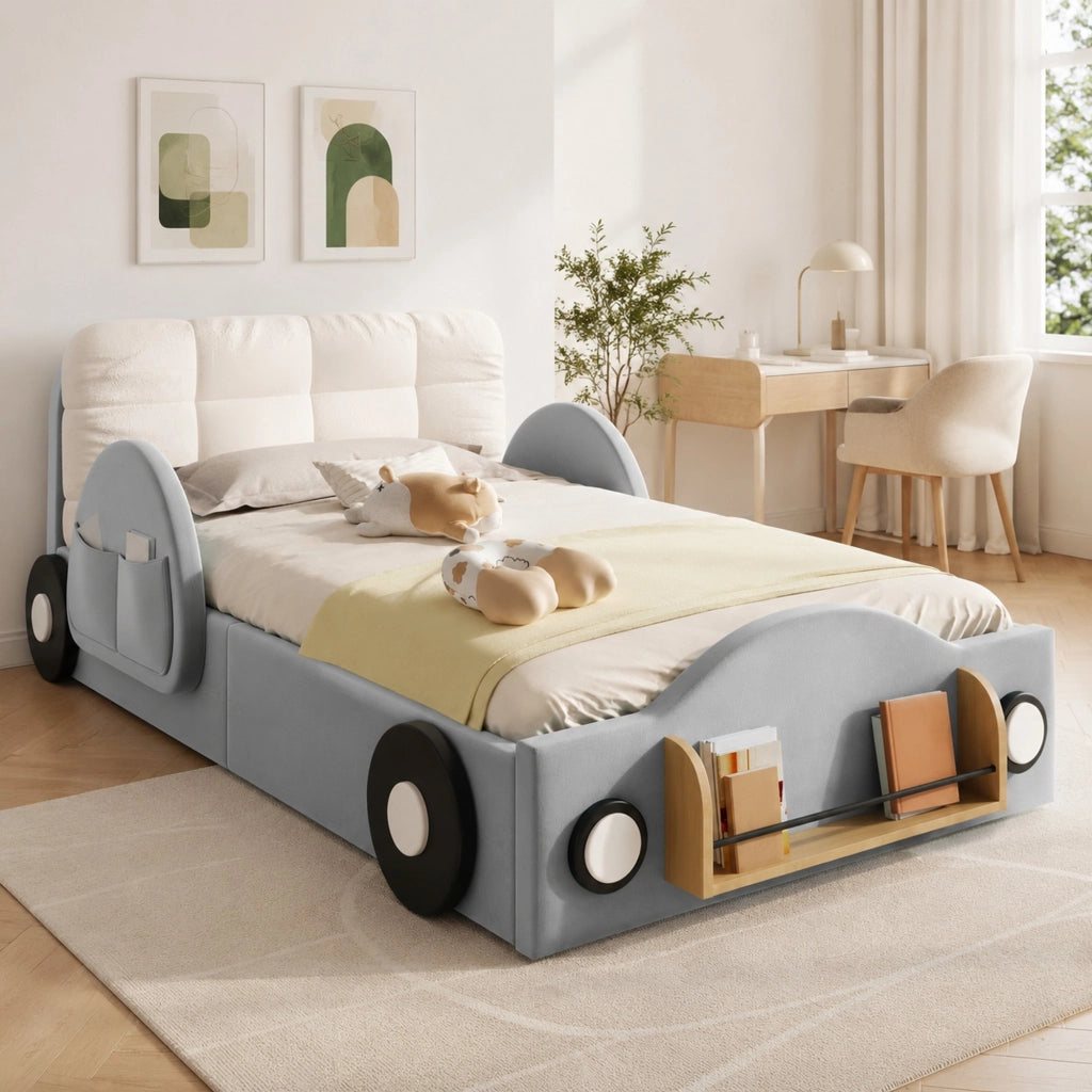 Letto imbottito 90x200 grigio con contenitore e tasche