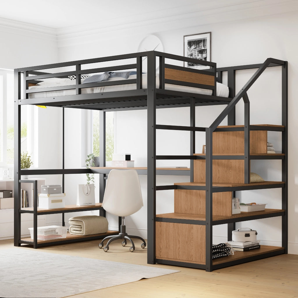 Letto a castello metallico nero con funzione contenitiva e tavolo dimensioni 140x200 cm