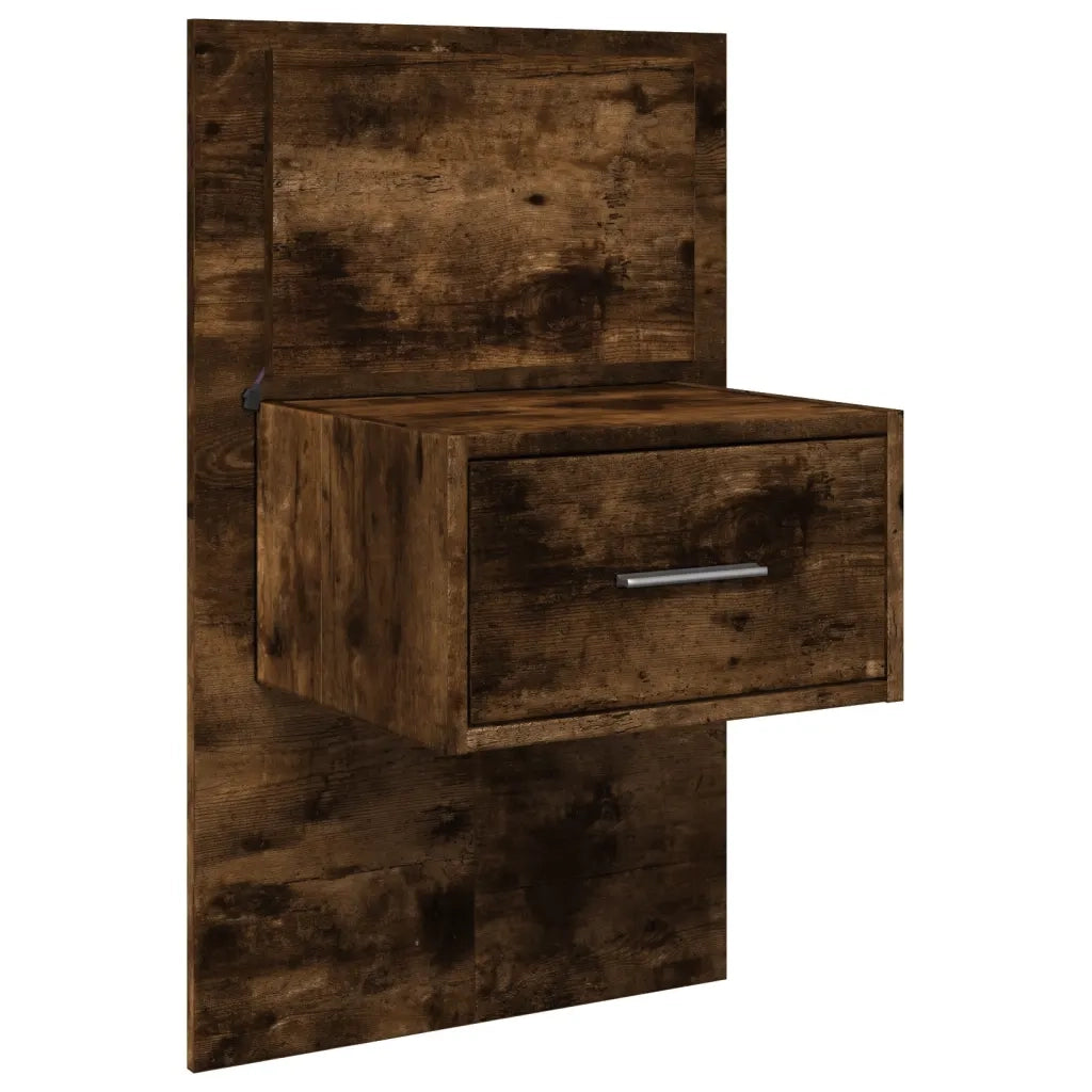 Comodino a Parete con Luci LED-Tavolino da notte sospeso Rovere Fumo 452927