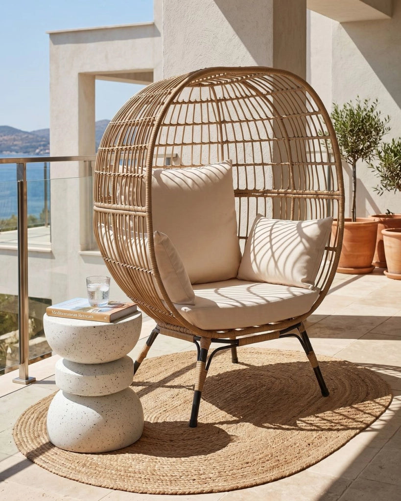 Poltrona da Giardino Boho in Rattan Naturale con Cuscini a Forma di Uovo Beige