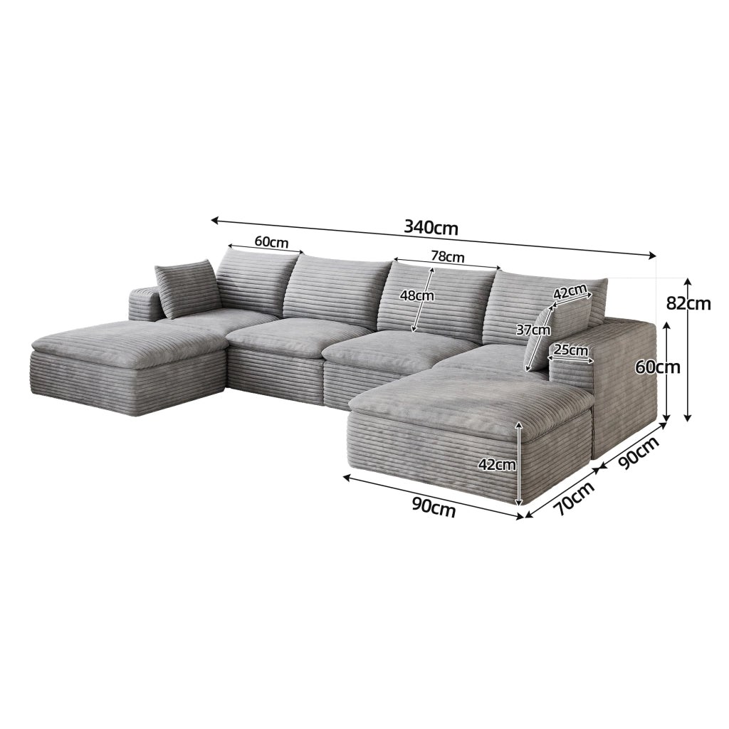 Divano Cloud 3 Posti in Velluto a Coste ¨C MINIMAL ¨C Grigio Scuro, 340 cm, Imbottito