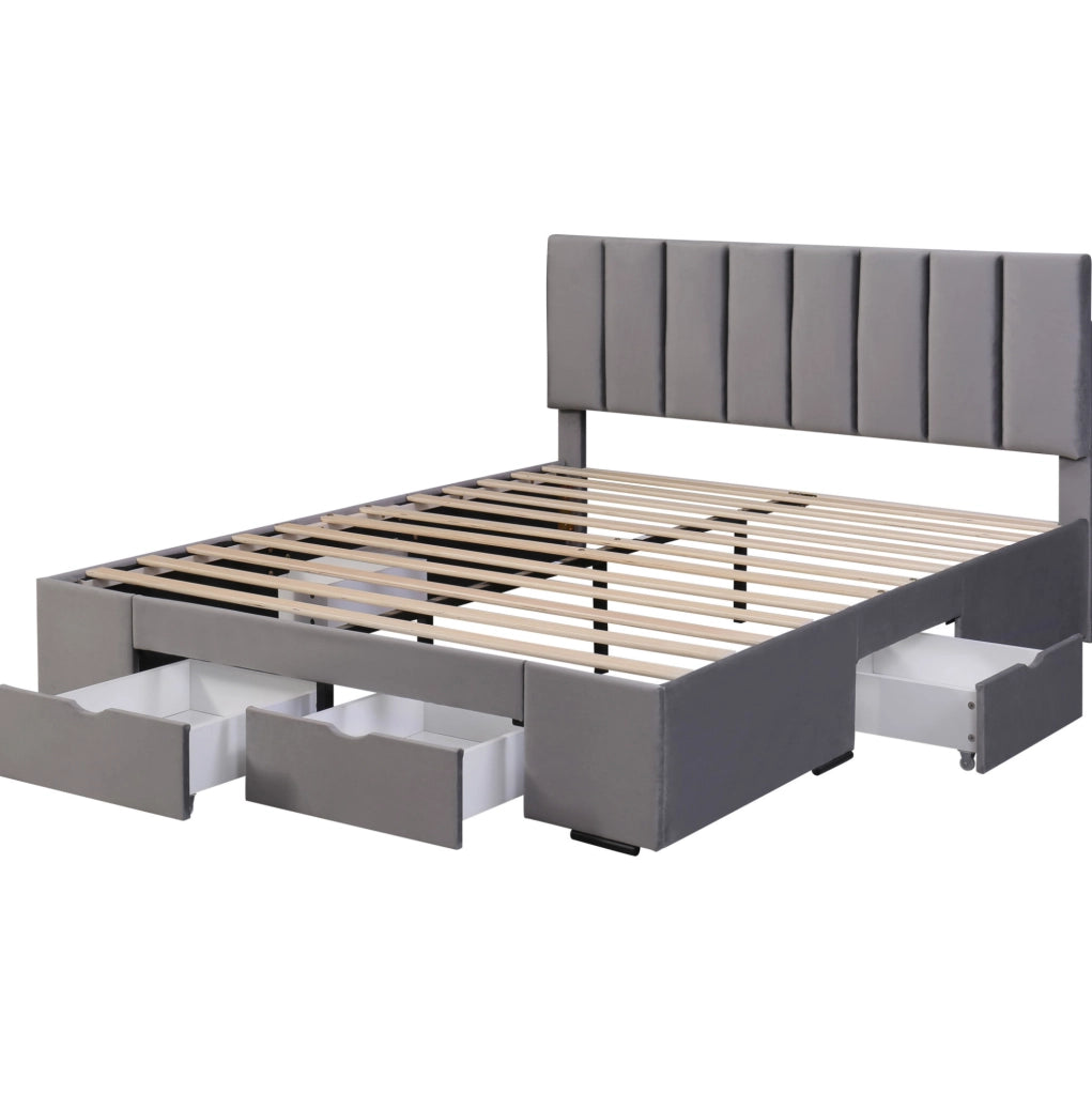Letto imbottito matrimoniale 160x200 cm in velluto grigio con rete; testiera regolabile e 4 cassetti