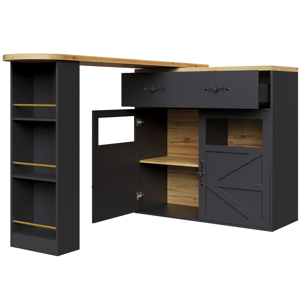 Tavolo bar 138-204x39x104 cm girevole con vani portaoggetti in MDF nero