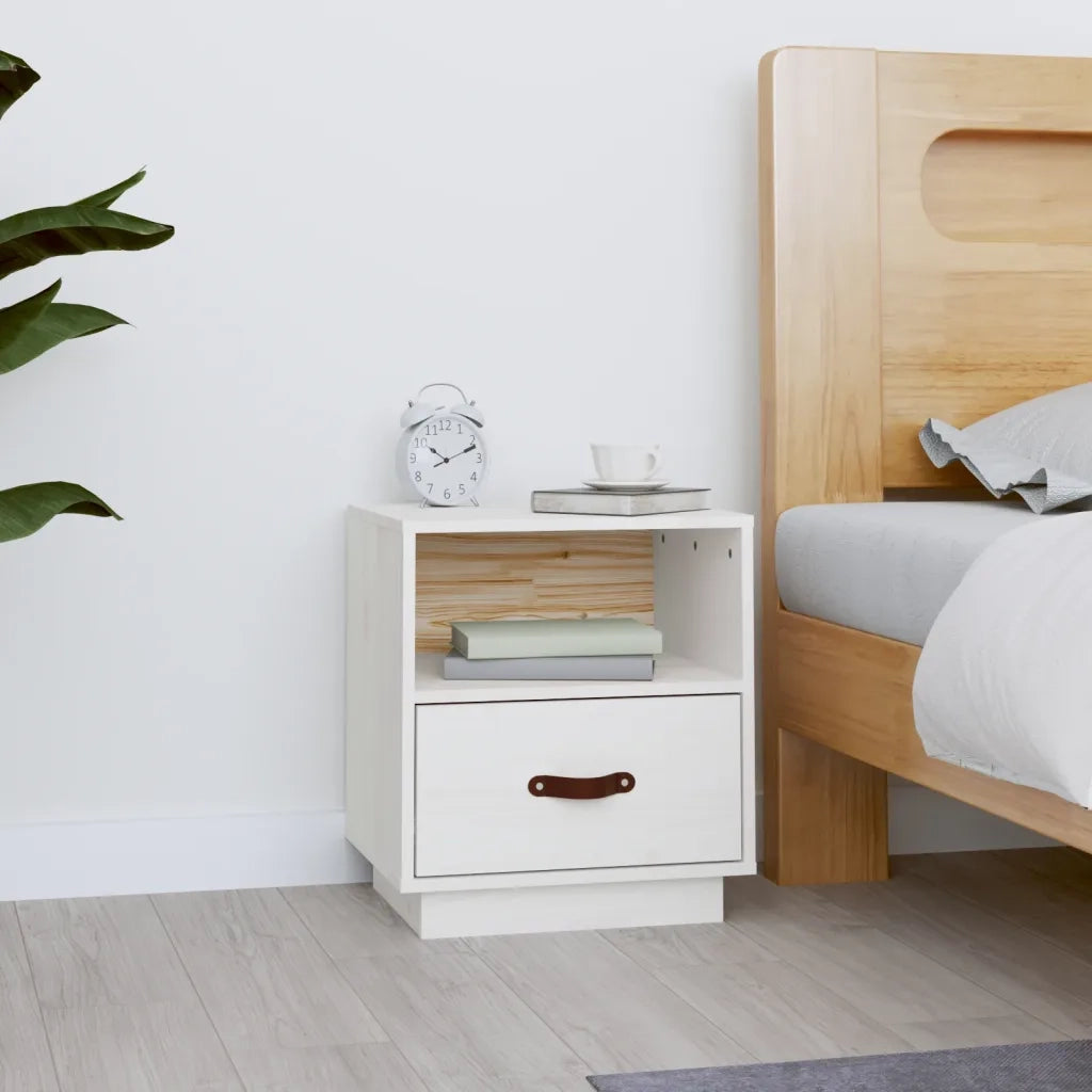 Comodino | Armadio da Notte | Mobiletto da notte Bianco 40x34x45 cm in Legno Massello di Pino