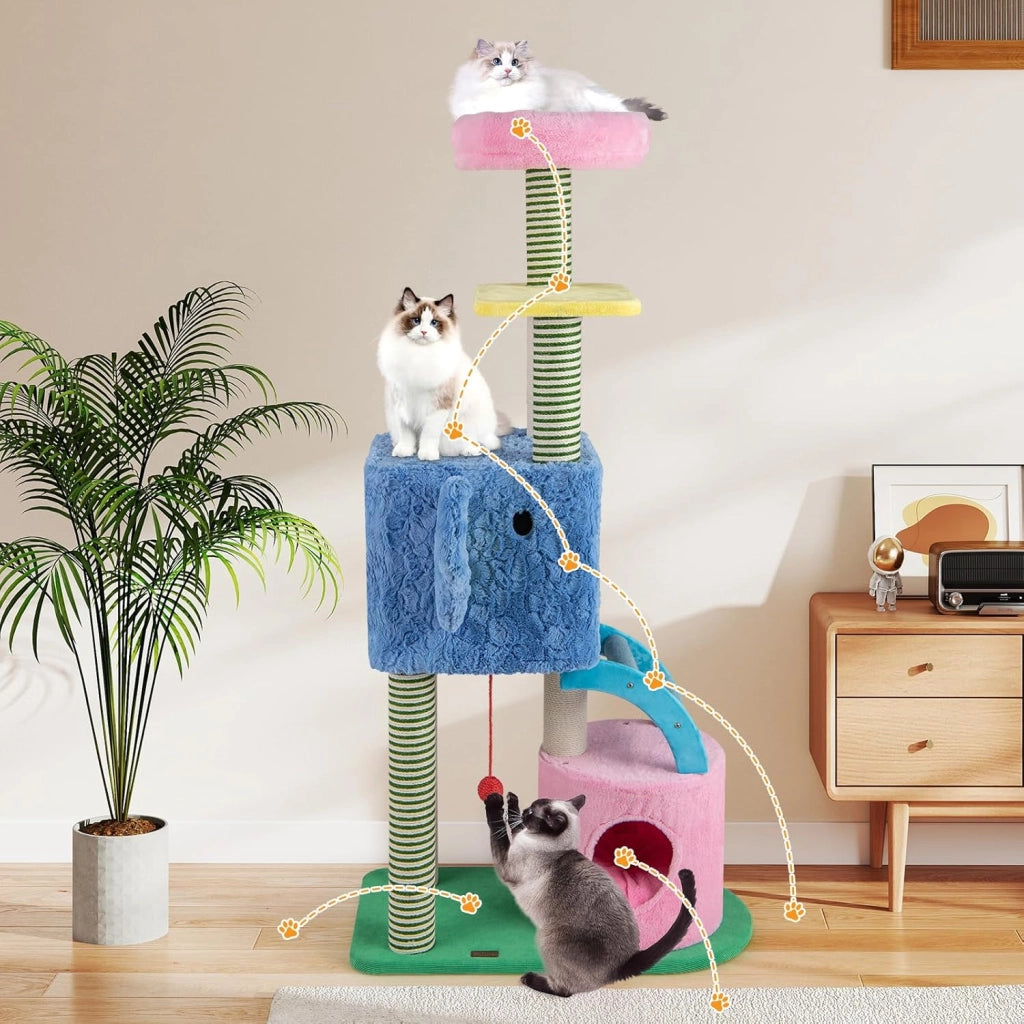 Albero per Gatti a Tema Elefante, Albero Tiragraffi per Gatti con Condomini, Ripiano Imbottito, Pali da Graffiare, Giocattolo in Peluche, Piattaforme e Cuscino Rimovibile, Cat Tree per Interno