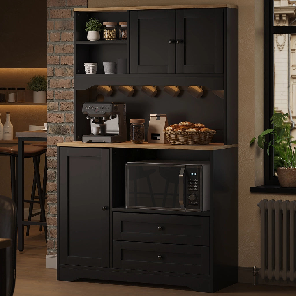 Credenza da cucina alta con LED, presa integrata, 2 cassetti e ripiani regolabili, per cucina, nero, 100 × 40 × 163 cm