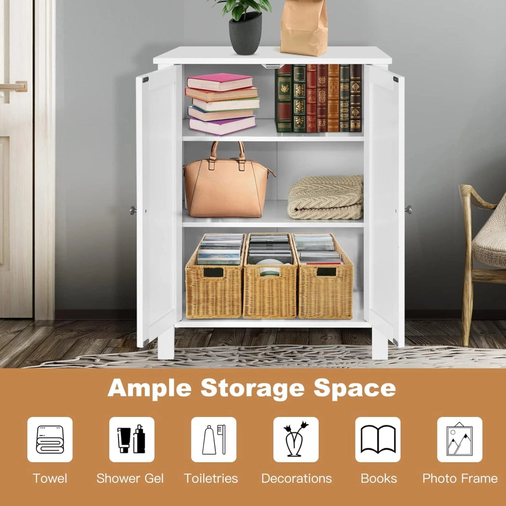 Armadietto Bagno da Terra, Mobiletto Autoportante a 2 Ripiani, con 2 Ante Legno, 60x30x80 cm, Bianco