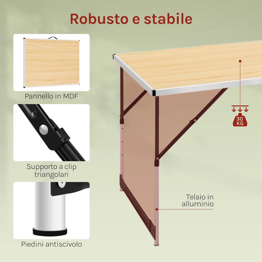 Tavolo da Campeggio Picnic Giardino Pieghevole Portatile Altezza Regolabile in MDF Quercia 100x60x73/94cm