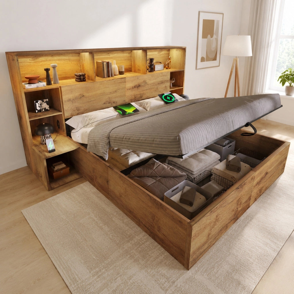 Letto matrimoniale 160x200 cm rovere con LED e USB-C