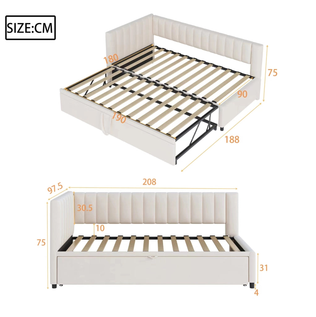 Divano letto angolare multifunzionale 90x200 cm con letto estraibile; in velluto beige