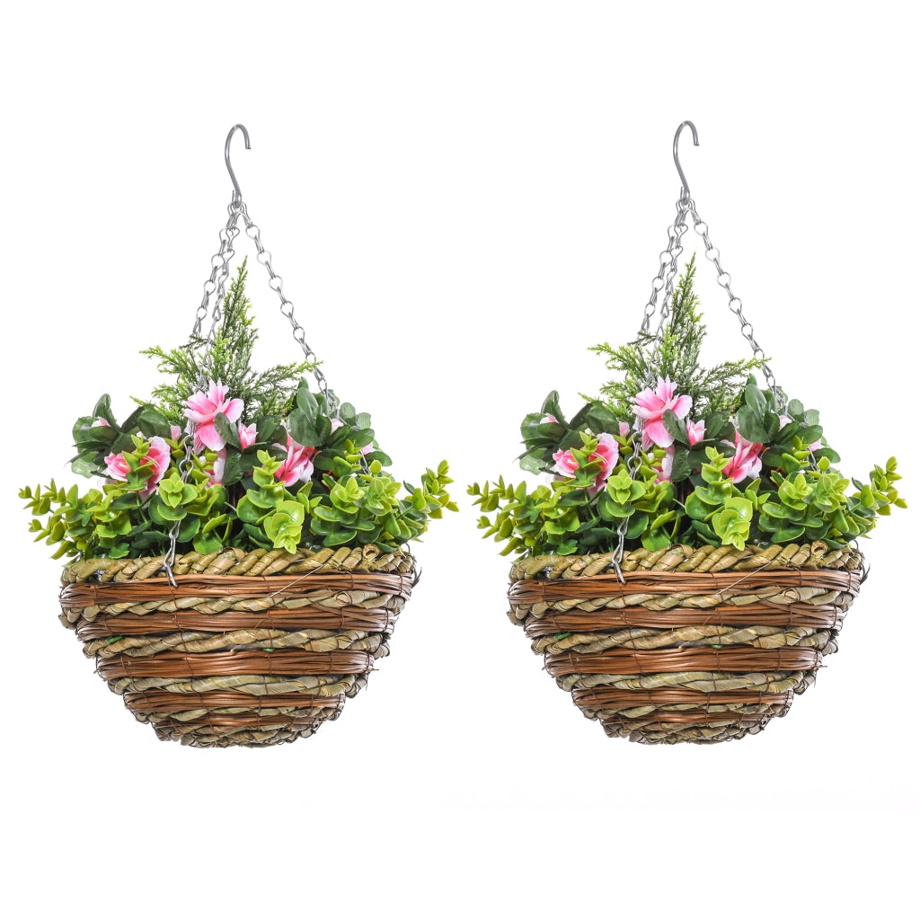 Set 2 Piante Finte di Lisianthus con Vaso e Gancio, Piante Artificiali in PE e Vimini, ?25x34 cm, Verde e Rosa