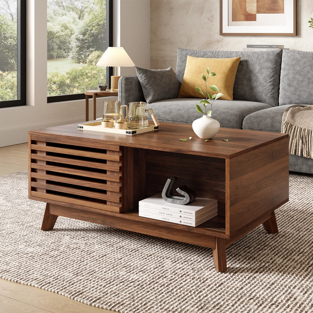 Tavolino basso con piano sollevabile e porta a persiana scorrevole per soggiorno in MDF noce 90 × 55 × 57,5 cm