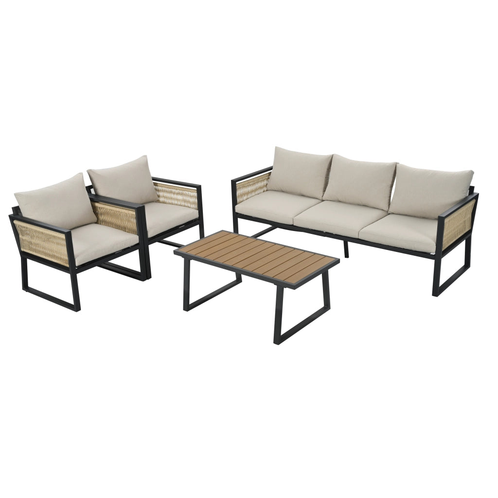 Set poltrona per mobili da giardino 4 pezzi. Set di mobili da giardino divano a 3 posti 2 poltrone e tavolino da caff¨¨ esterno piano tavolo in legno in plastica braccioli in corda intrecciata acciaio zincato beige