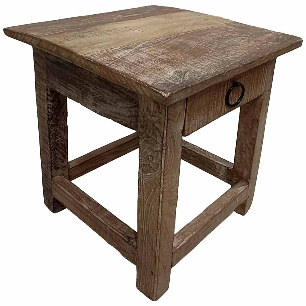 Sgabello con cassetto in legno con finitura artigianale marrone 25x25x29 h cm