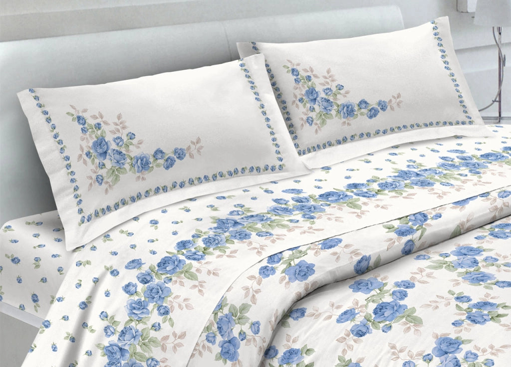 Completo Lenzuola In 100% Cotone Fantasia Cloe - Matrimoniale - Azzurro