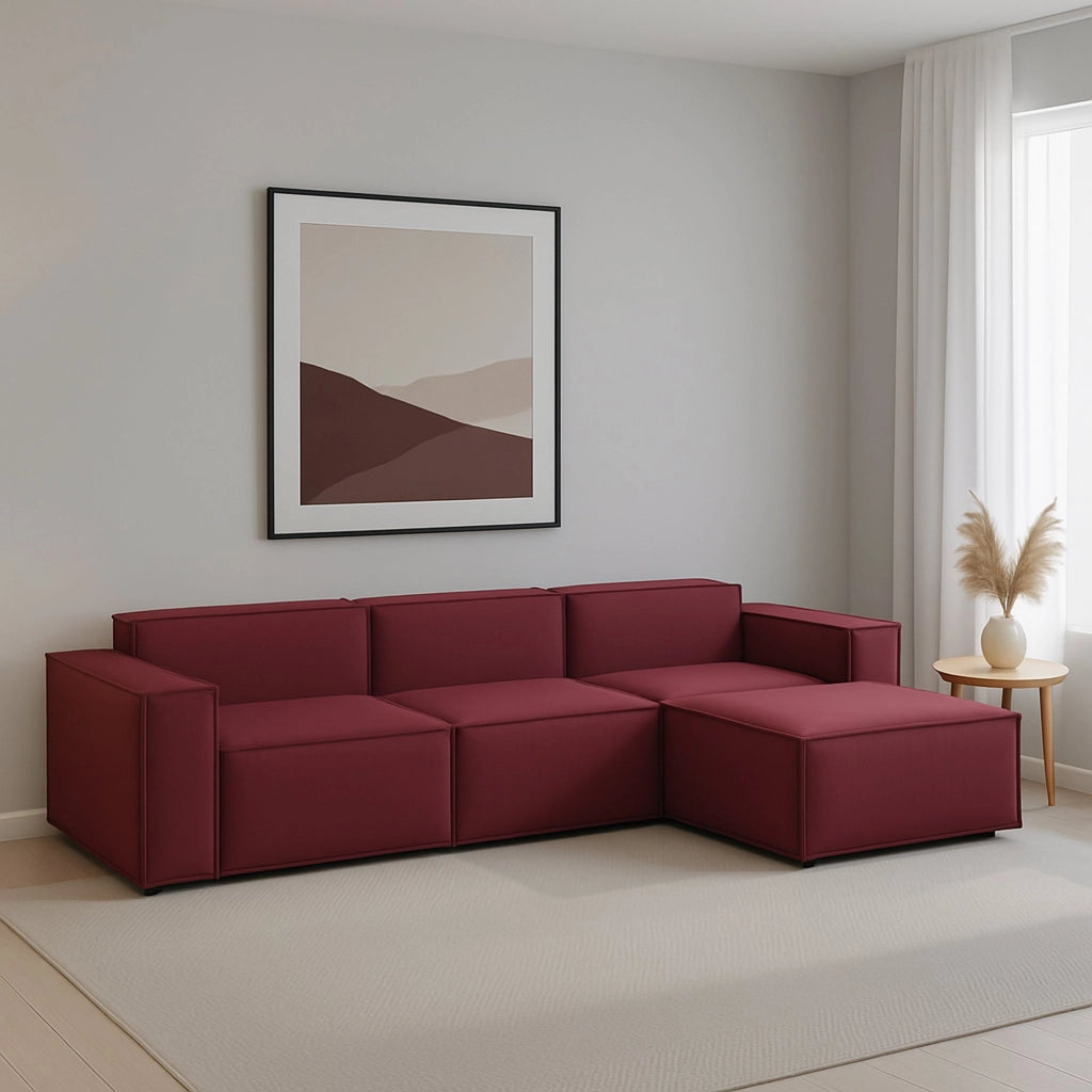 Divano fisso Ananas, Divano componibile a 3 posti con penisola destra, Made in Italy, SofÒ  moderno in tessuto, Cm 300x170h70, Rosso