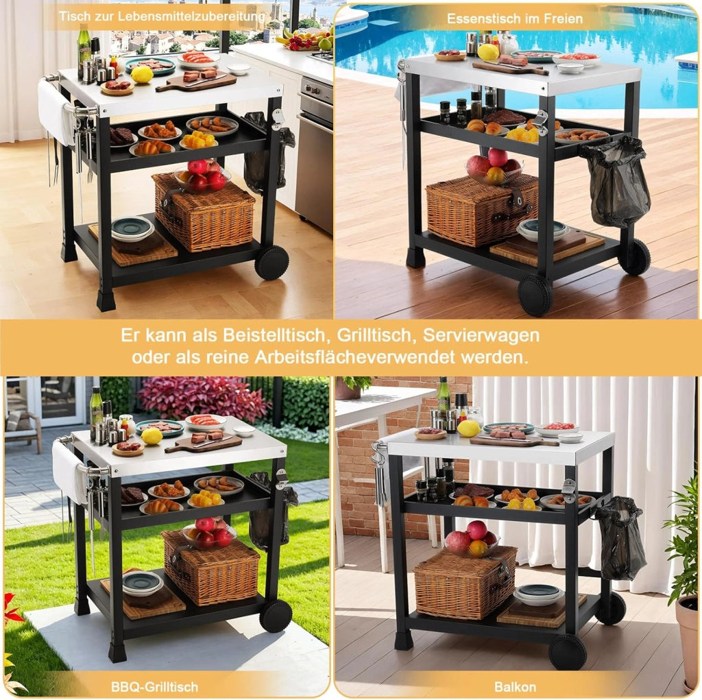 Acciaio Inox Carrello Barbecue 3 Ripiani, Tavolo BBQ con 2 Ruote Ganci,Carrello Cucina Esterna con Maniglia,Carrello di Servizio Cucina Esterni da Multiuso,per Casa Cortile Patio e Giardino