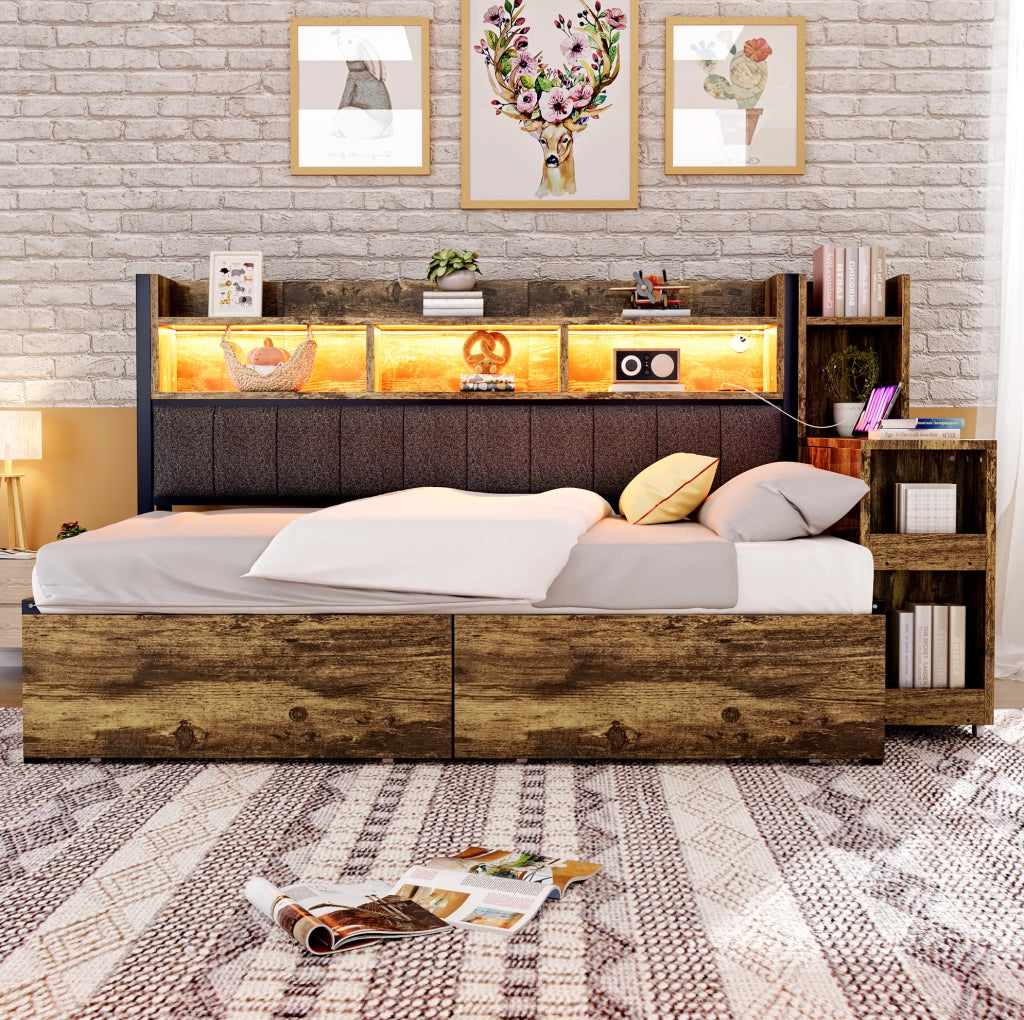 Letto singolo 90x200 cm multifunzione con scrivania estraibile, prese e cassetti