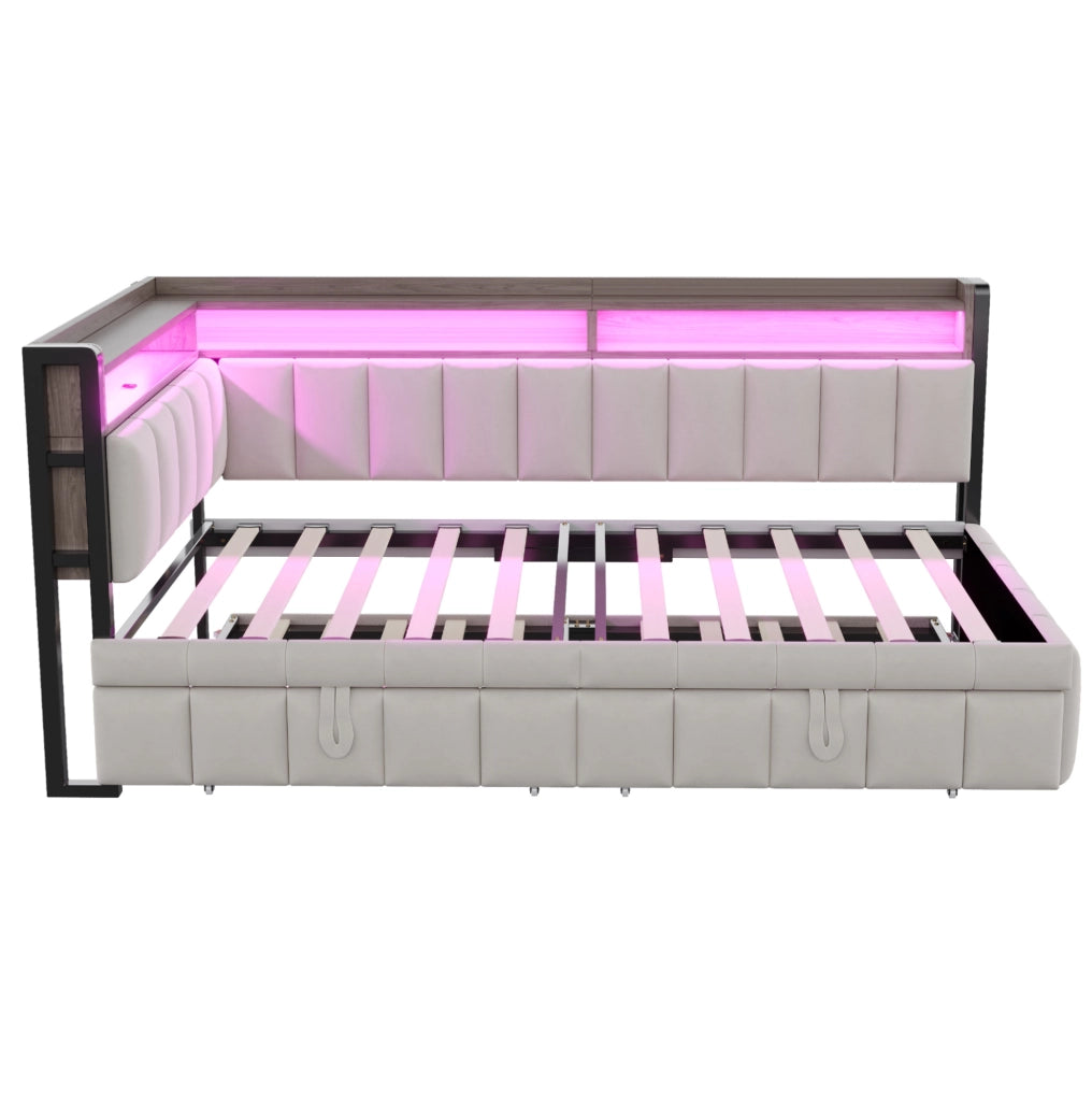 Divano letto multifunzione 90x200 cm in velluto grigio con letto estraibile; LED e USB
