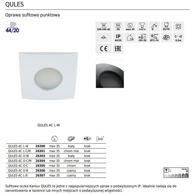 Kanlux QULES faretto incasso tondo bianco GU10 IP44 26303