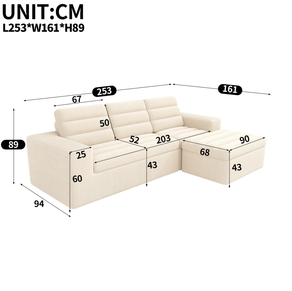 Divano angolare modulare 4 posti beige in velluto a coste senza telaio, versatile e confortevole