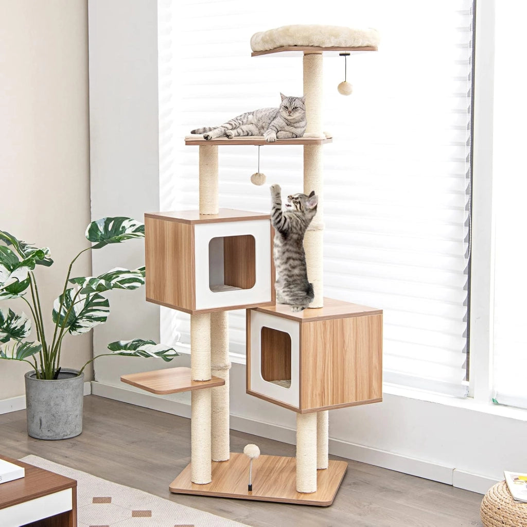 Tiragraffi per Gatti di Legno 163 cm, con Tiragraffi in Sisal, Cuscini Lavabili, Trespolo, 3 Palline e 2 Cuccia, Albero Tiragraffi per Gatti di Piccole e Grandi Dimensioni