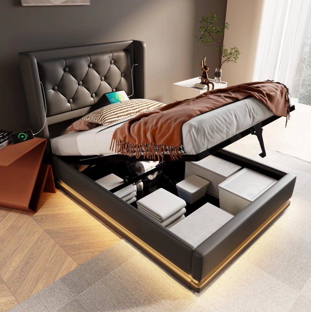 Letto imbottito 90x200 cm nero in PU con contenitore idraulico, LED e USB-C