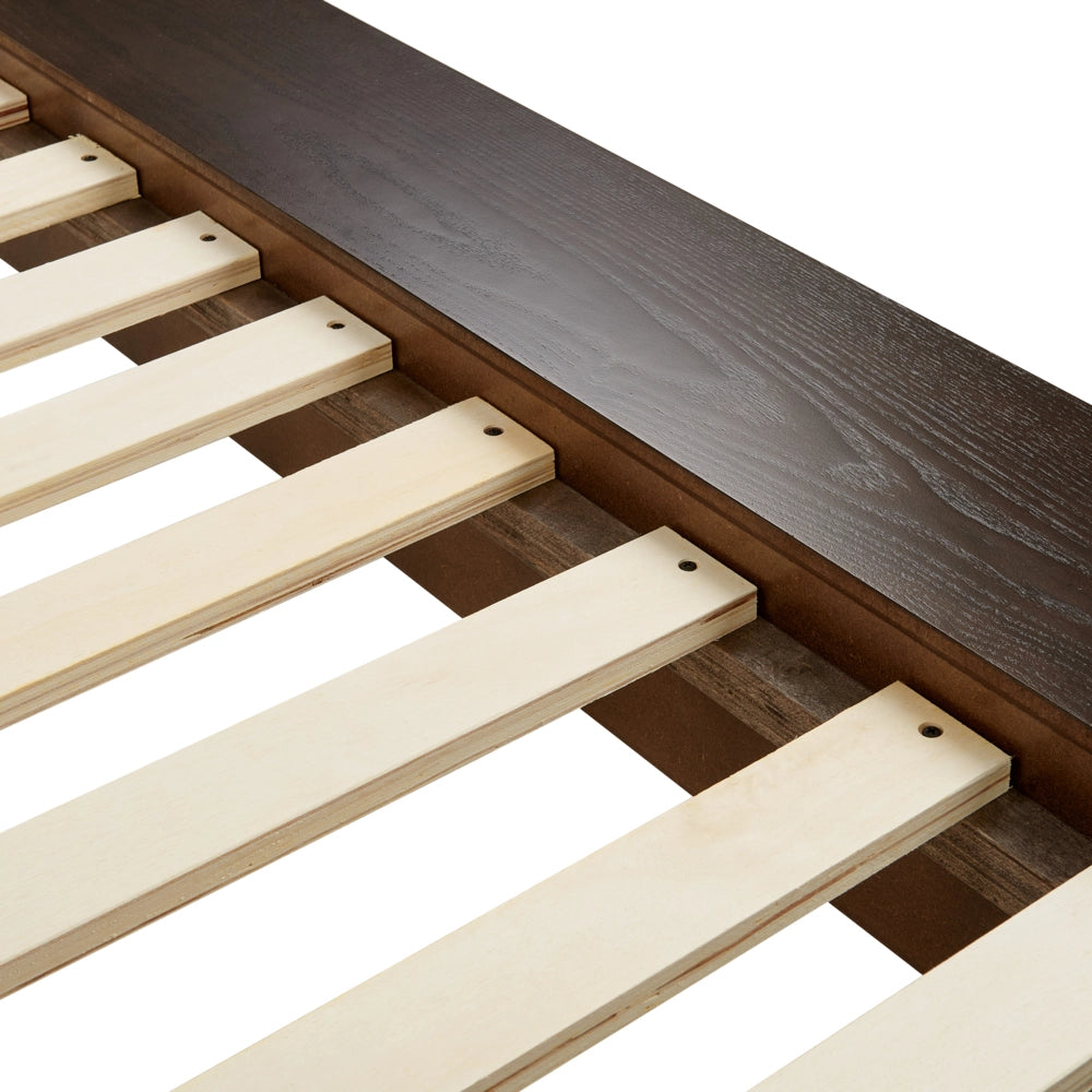 Letto LED in stile giapponese in frassino scuro 180 x 200 cm testata in legno impiallacciato MDF testata in ecopelle camera da letto a basso profilo